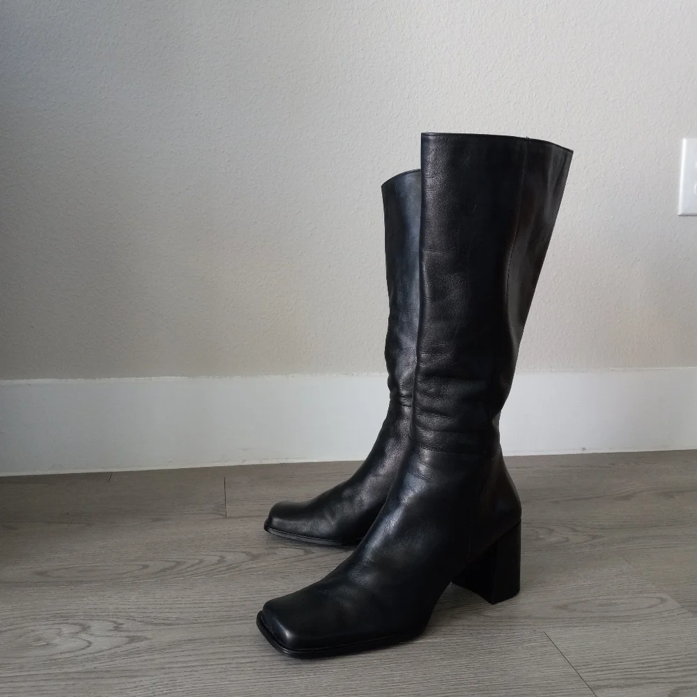 90's Nine West Vintage Y2K Square Toe High Black Leather Boots - Picture 3 of 16